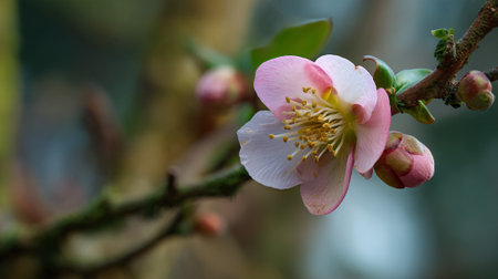 Delicate Pink Camellia Blossom and Buds on a Branchの素材