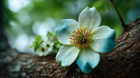 Delicate Dogwood Bloom with Turquoise Tints, on a Rich Brown Branchの素材