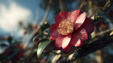 Captivating camellia blossom in rich red hues in a serene gardenの素材