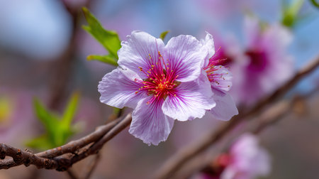 Gentle Lavender Peach Blossom Opening Up in Springtime Sunの素材