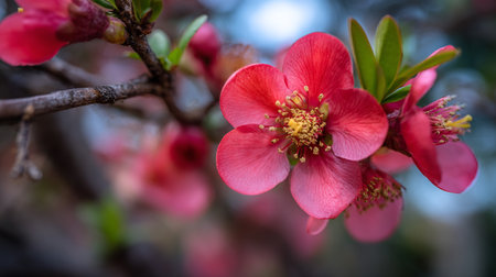 Vibrant blooms of Japanese quince brighten a spring day.の素材