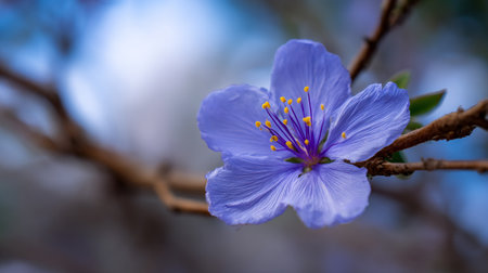 Delicate Blue Flower Blossom with Yellow Stamens on a Branchの素材