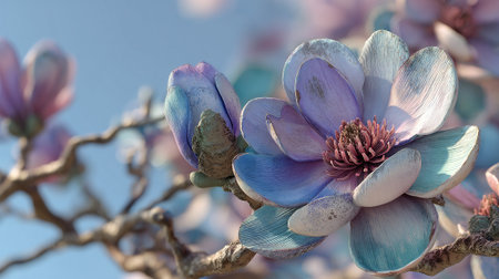 Spring Blossoms: Pastel Colored Petals Against a Light Blue Backgroundの素材