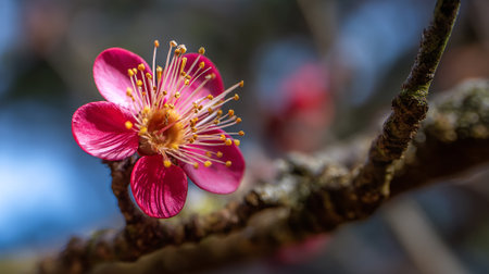 Vibrant plum blossom blooms brilliantly on a delicate branch in spring.の素材
