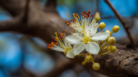 Delicate White Flowers Bloom on a Branch in the Spring Sunlightの素材