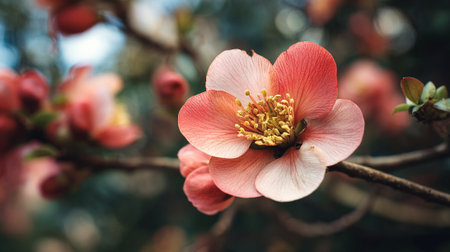 Delicate Beauty: Pink Quince Blossom in Soft Focus Sunlightの素材