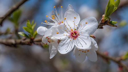 Delicate white cherry blossoms in full bloom on a sunny spring dayの素材