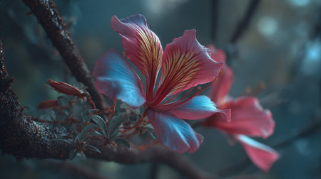 Exotic Pink Blossom with Golden Veins on Dark Branchの素材