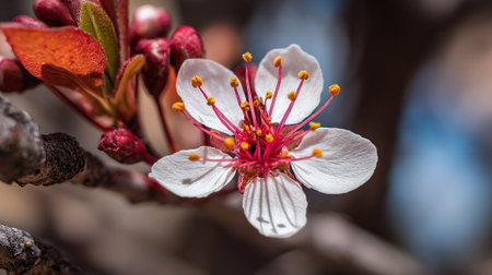 Single Cherry Blossom with Buds and New Leaf Spring Beautyの素材