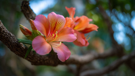 Vivid orange and pink orchid flowers blossoming on tree branchの素材