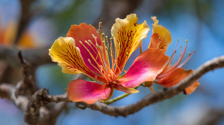 Vibrant tropical flower blooms on a delicate branch, contrasting blue background.の素材