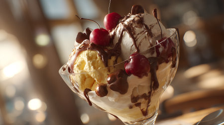 Delicious ice cream sundae with cherries and chocolate syrup in a glass.の素材