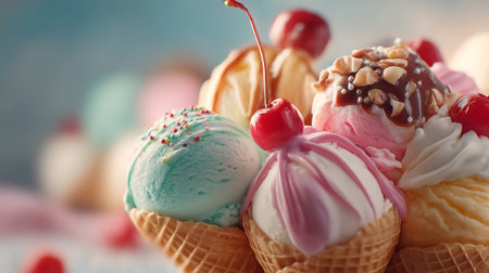 Sumptuous ice cream cones piled high with delicious toppings and colorful flavors.の素材