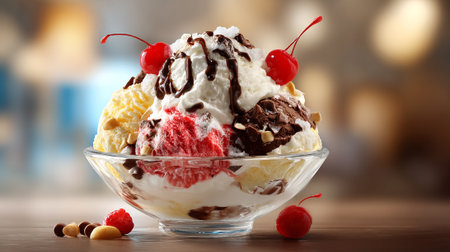 Decadent Ice Cream Sundae Delightfully Topped with Cherries and Chocolate Syrup.の素材