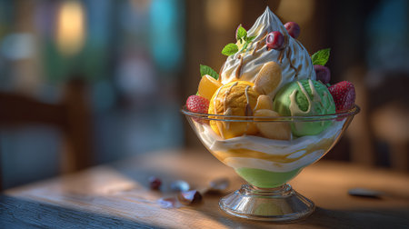 Delicious fruit and ice cream sundae dessert served in an elegant glass bowlの素材
