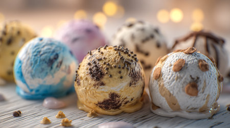 Delightful array of assorted ice cream scoops in vibrant colors and texturesの素材