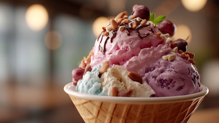 Delicious Multicolored Ice Cream in a Cone with Toppings and Bokeh Backgroundの素材
