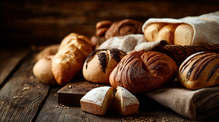 Fresh Artisan Bread Selection Displayed on Rustic Wooden Table Backgroundの素材