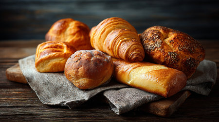 Delicious Freshly Baked Bread Assortment on Wooden Tableの素材