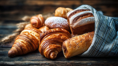 Freshly Baked Bread Assortment on Rustic Wood Display with Towelの素材