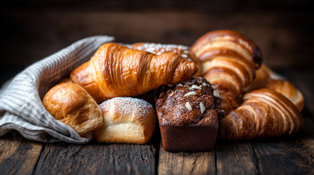 Delicious Baked Goods: Croissants, Rolls, and a Nutty Loaf on Dark Woodの素材