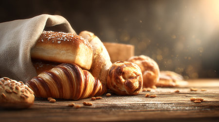 Assorted Baked Goods Overflowing from a Cloth Sack on a Wooden Tableの素材