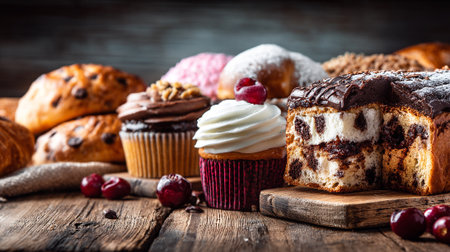 Tempting Assortment of Baked Sweets on Rustic Wooden Surfaceの素材