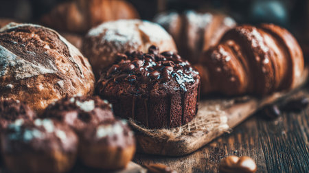 Tempting Variety: Chocolate Chip Muffin, Croissants and Breads on a Wooden Surfaceの素材