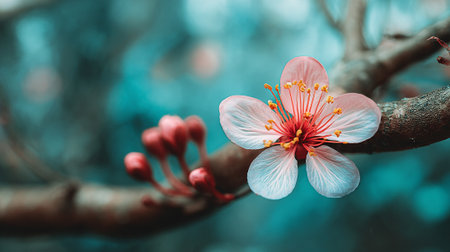Dreamy Spring Blossom on a Branch with Teal Background Huesの素材
