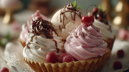 Decadent Dessert Pastries: A Delightful Trio of Tartlets with Cream and Fruitsの素材