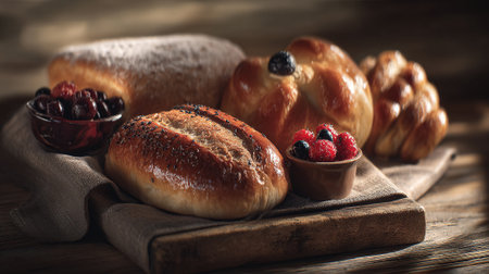 Delicious baked pastries and fresh berry delicacies on rustic wooden surface.の素材