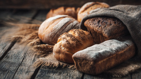 Rustic Still Life: Freshly Baked Bread Loaves on Wooden Table with Wheatの素材