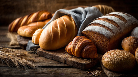 Freshly Baked Bread Still Life on Rustic Wooden Surface Ready to Eatの素材