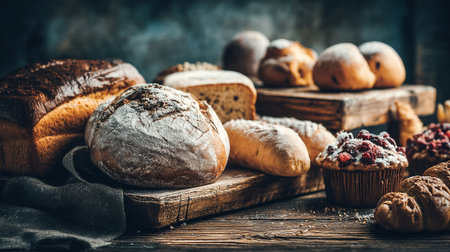 Rustic Bakery Still Life Featuring Assorted Breads and Cranberry Muffinsの素材
