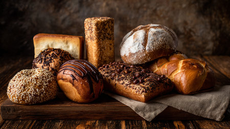 Artisan bread assortment on wooden board, showcasing delectable textures and flavorsの素材