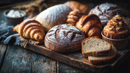 Artisan Bread Assortment on Rustic Wood Cutting Board Showcasing Fresh Baked Goodnessの素材
