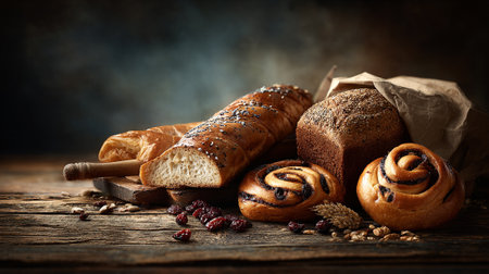 Rustic Artisan Bread Still Life, a Feast of Fresh Baked Goodsの素材