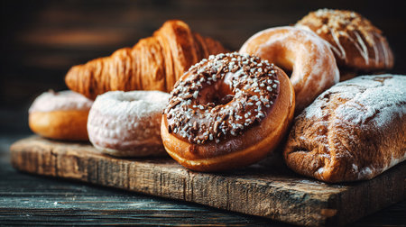 Delicious assortment of pastries, donuts and a croissant presented on wooden board.の素材