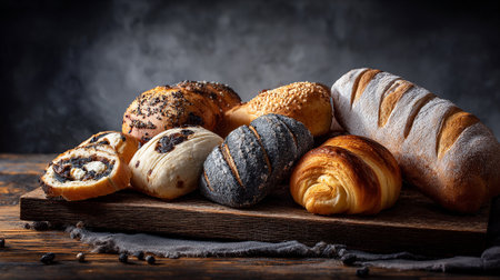 Artisan Bakery Selection on Rustic Board Against a Moody Backdropの素材