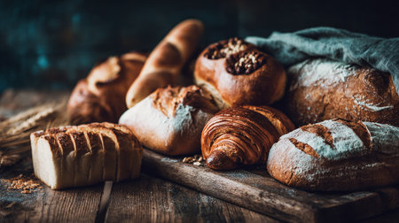 Rustic Arrangement of Delicious Breads and Baked Goods on Wooden Surfaceの素材