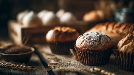 Rustic Delight: Muffins, Bread and Wheat Still Life Compositionの素材