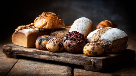 Rustic Assortment of Artisan Breads Displayed on a Weathered Wooden Boardの素材