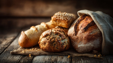 Assorted Freshly Baked Bread Displayed on Rustic Wooden Surface, a Culinary Still Lifeの素材