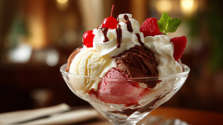 Tempting Ice Cream Sundae with Cherries, Chocolate Sauce, Raspberries and Whipped Creamの素材