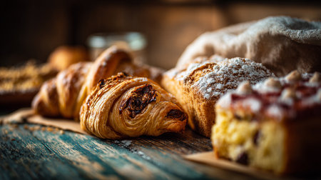 Mouthwatering Pastries: Croissants, Cake, and Loaf on Wooden Surface, Tempting Displayの素材