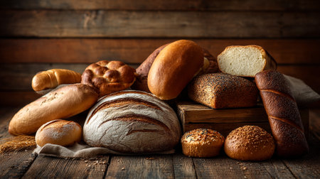 Rustic Assortment of Artisan Breads on Wood Surface Displaying Baking Delightsの素材