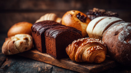 Delicious bakery assortment featuring a chocolate loaf, buns, and a flaky croissantの素材