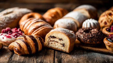Tempting variety of delicious baked goods on rustic wooden surface ready to eatの素材