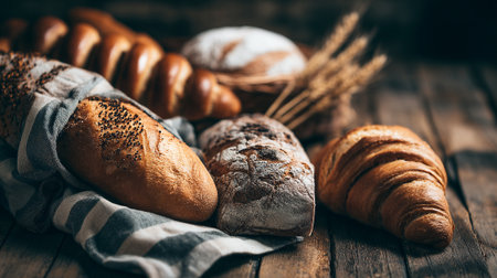 Delicious Assortment of Baked Breads Displayed on Rustic Wooden Surfaceの素材