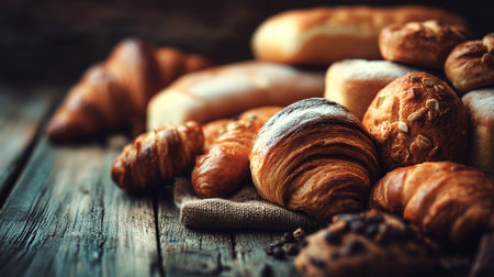 Rustic Bakery Display with Freshly Baked Croissants and Assorted Breadsの素材